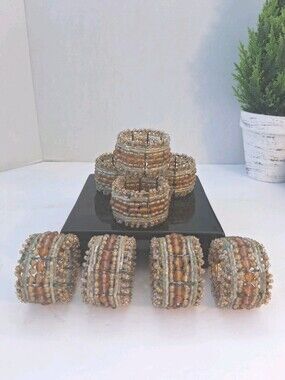 VTG Pier 1 Amber/Gold Beaded Napkin Rings - 8 PCS Autumn/Fall Set